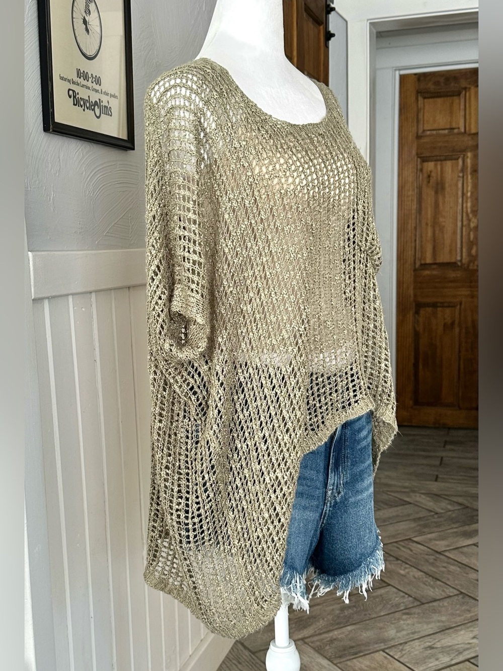 POL Open Weave Knit Top Crochet Tunic Cover Up Boho Oversized Taupe SZ Large